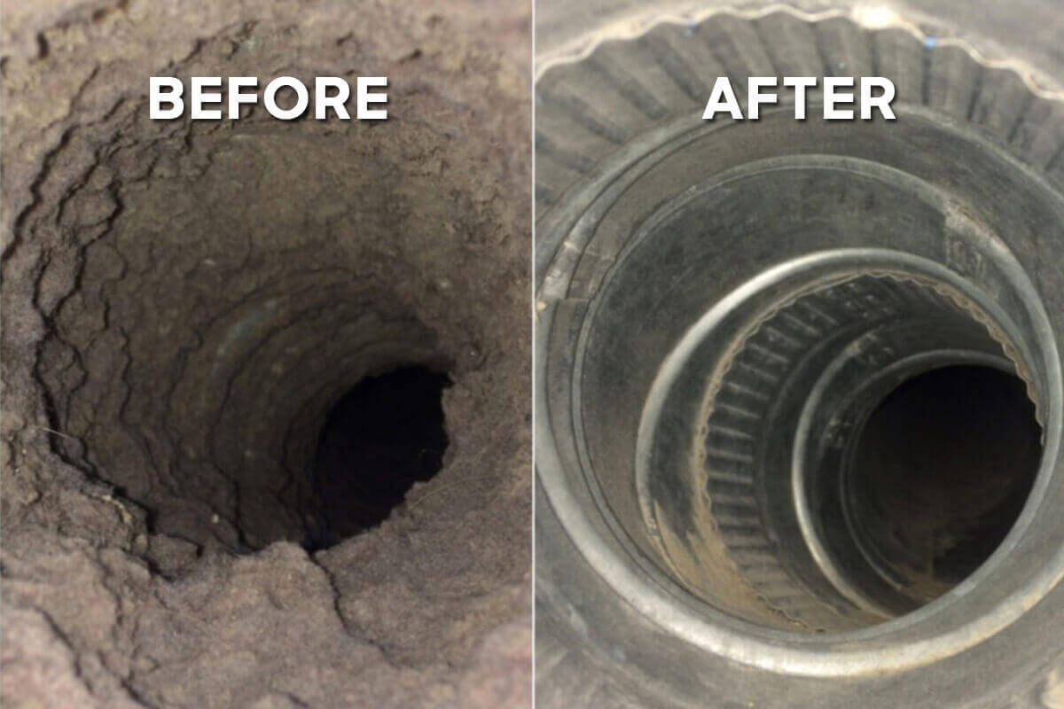 Dryer vent duct before and after professional cleaning, showing lint-clogged interior versus fully clear duct