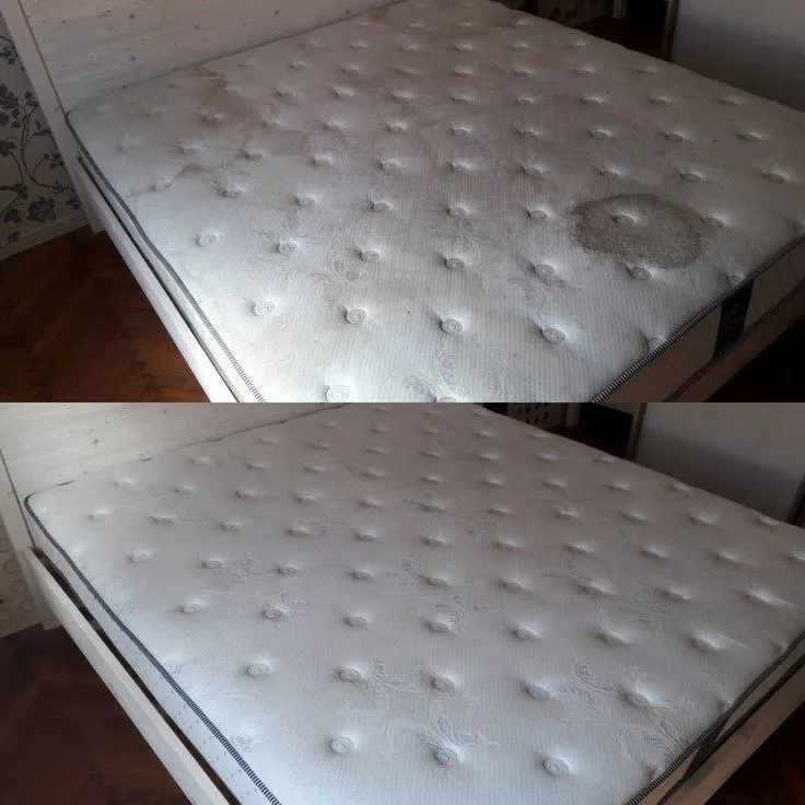 Mattress before and after cleaning, stain and dirt removed