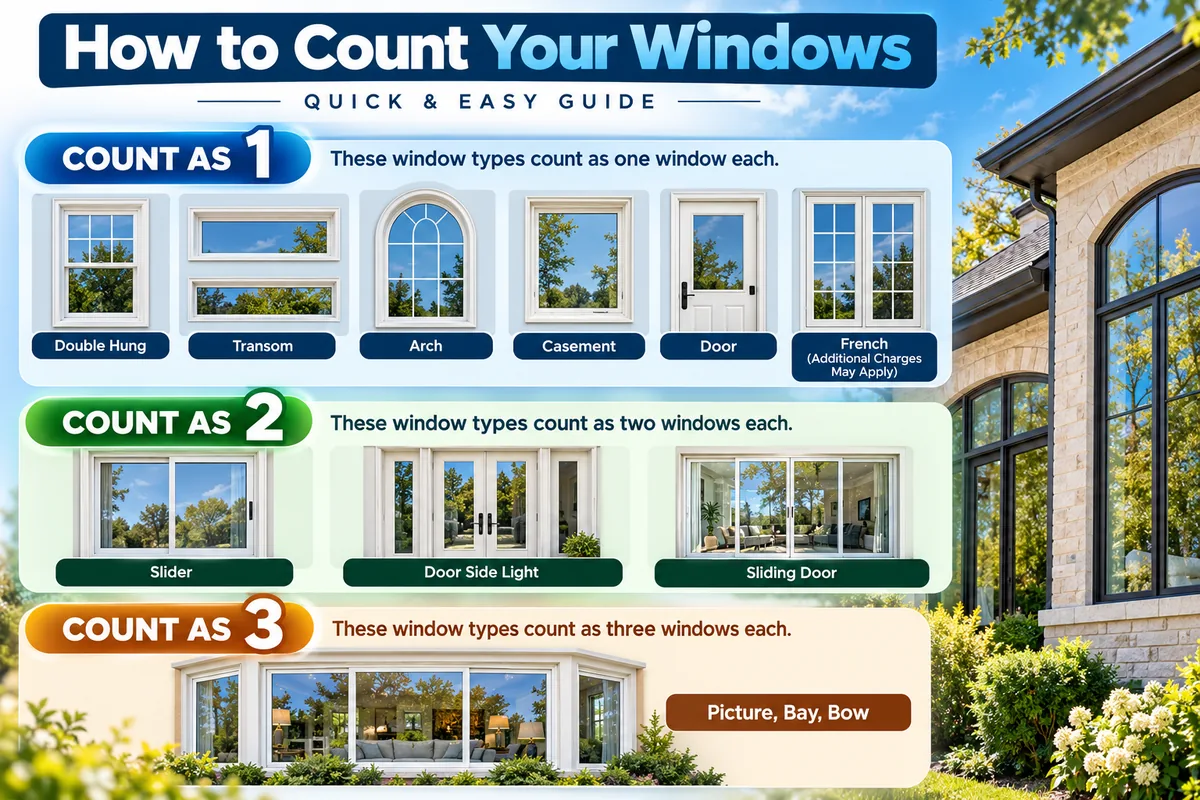 Guide showing how windows are counted: double-hung, transom, arch, casement, door, and French windows count as 1; sliders, door sidelights, and sliding doors count as 2; picture, bay, and bow windows count as 3.